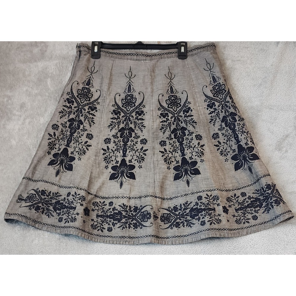 Next Petite Skirt Womens XL Grey Navy Blue Floral Embroidered Linen Blend